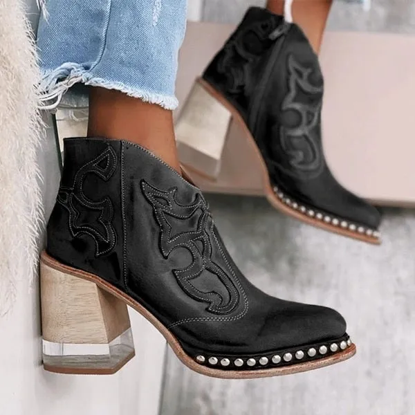 2023 Womens Comfortable Square Heel and Pointy Toe Engrave Embroidery Ankle Boots