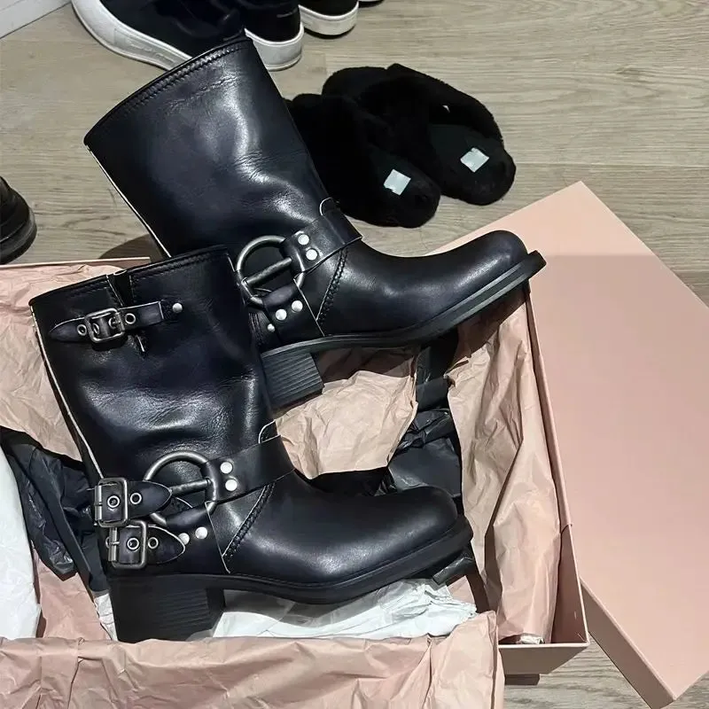 2024 New Soft Leather Thick Heel Boots British Style Rivets Square Head Martin Boots Short Boots