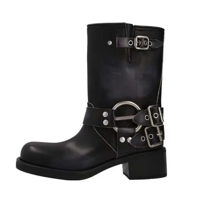 2024 New Soft Leather Thick Heel Boots British Style Rivets Square Head Martin Boots Short Boots