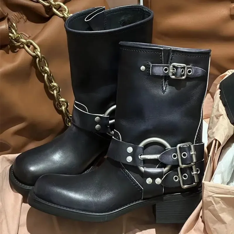 2024 New Soft Leather Thick Heel Boots British Style Rivets Square Head Martin Boots Short Boots