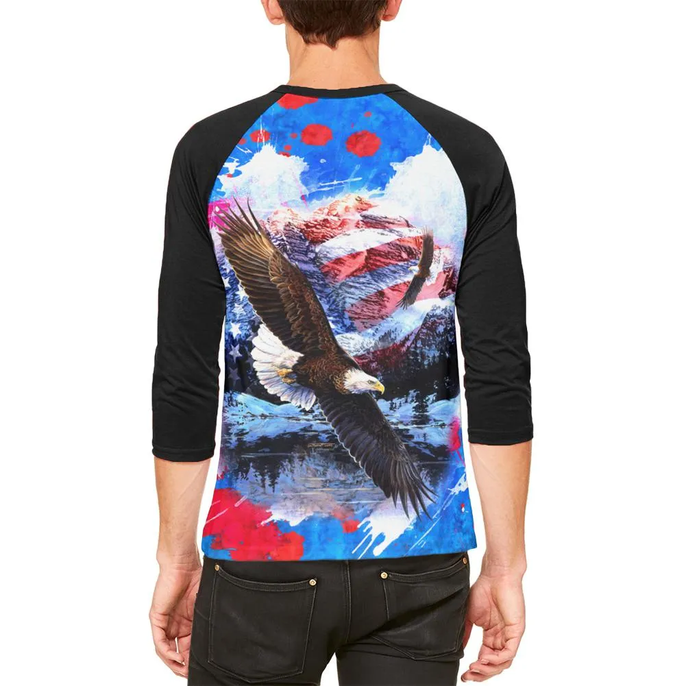 4th of July American Flag Bald Eagle Splatter Mens Raglan T Shirt