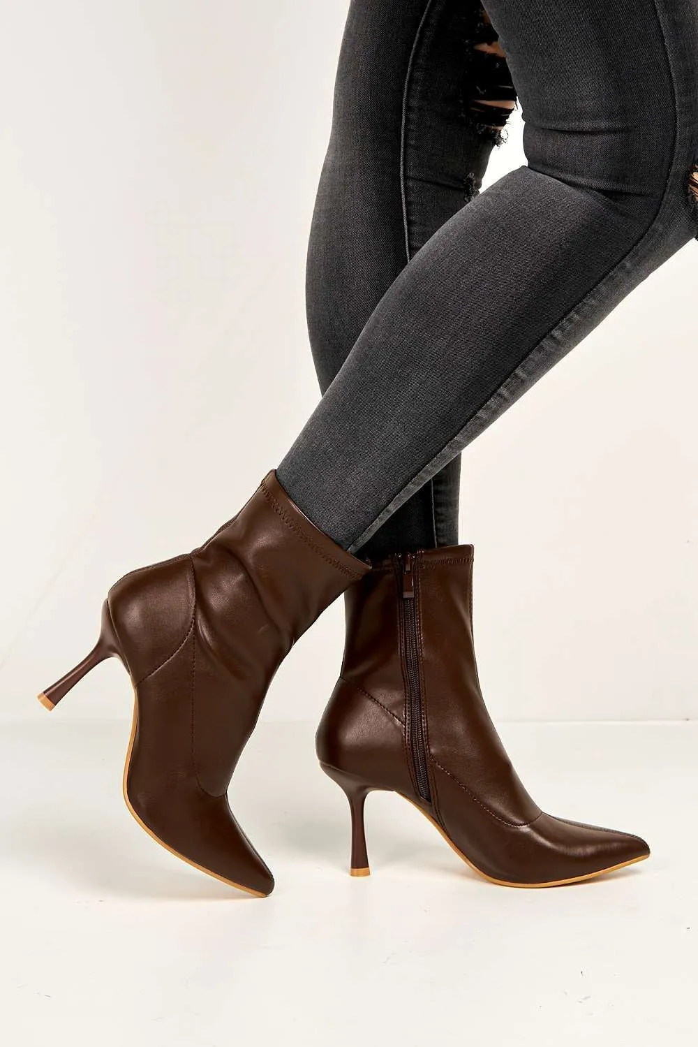 Aayat Pointed Toe Heeled Boots in Brown