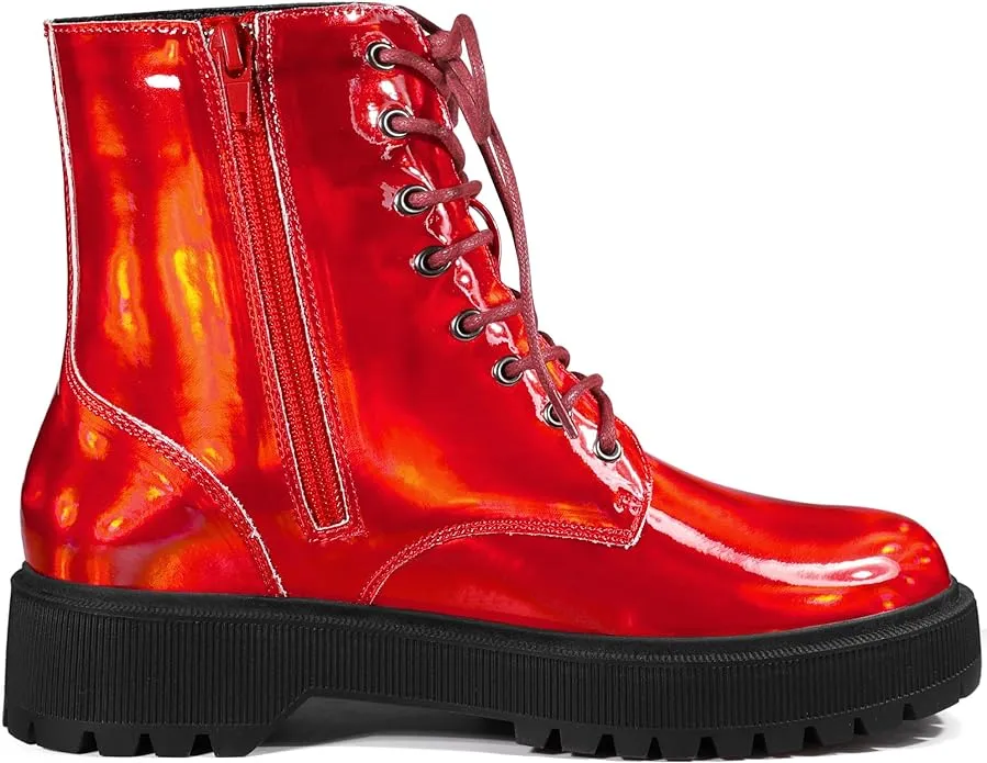 Allegra-K Red Patent Fashion Lace Up Rounded Toe Chunky Platform Combat Ankle Boots 10