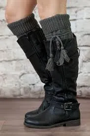 Alpine Boot Socks Charcoal Gray Thigh High Tie Top Tassels Thick Boho Diamond Cable Knit Slouch Or Fold Down Cuffs Over The Knee