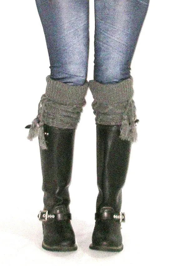 Alpine Boot Socks Charcoal Gray Thigh High Tie Top Tassels Thick Boho Diamond Cable Knit Slouch Or Fold Down Cuffs Over The Knee