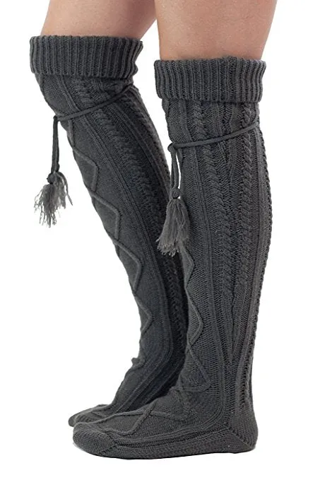 Alpine Boot Socks Charcoal Gray Thigh High Tie Top Tassels Thick Boho Diamond Cable Knit Slouch Or Fold Down Cuffs Over The Knee