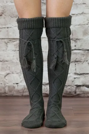 Alpine Boot Socks Charcoal Gray Thigh High Tie Top Tassels Thick Boho Diamond Cable Knit Slouch Or Fold Down Cuffs Over The Knee