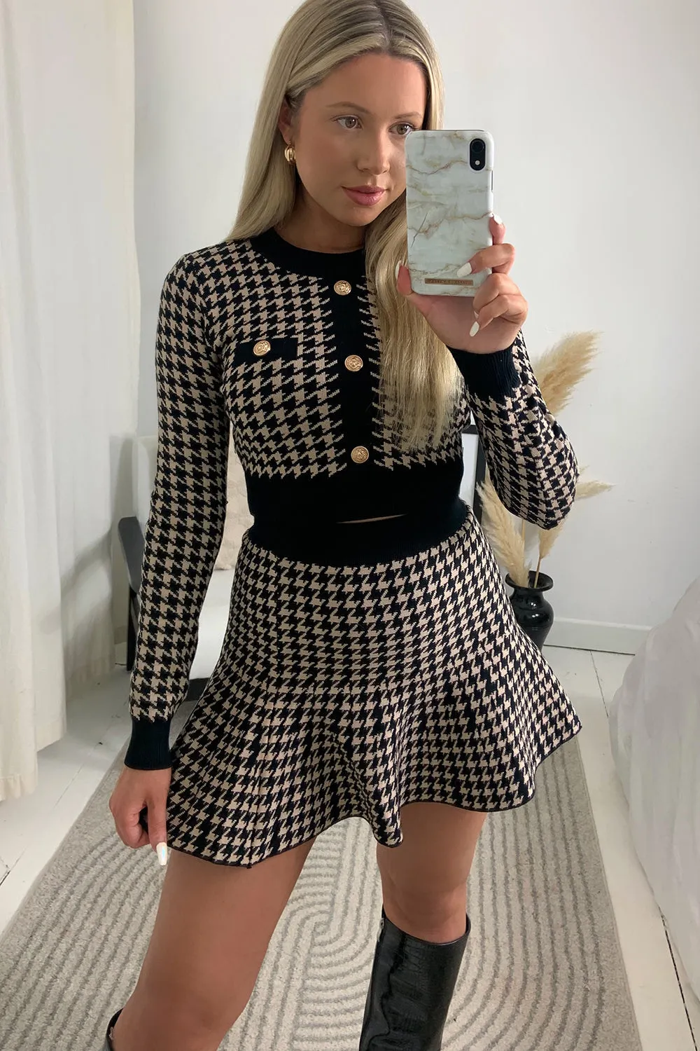 Amiee Black and Beige Houndstooth Crop Top and Skirt Co-Ord Set