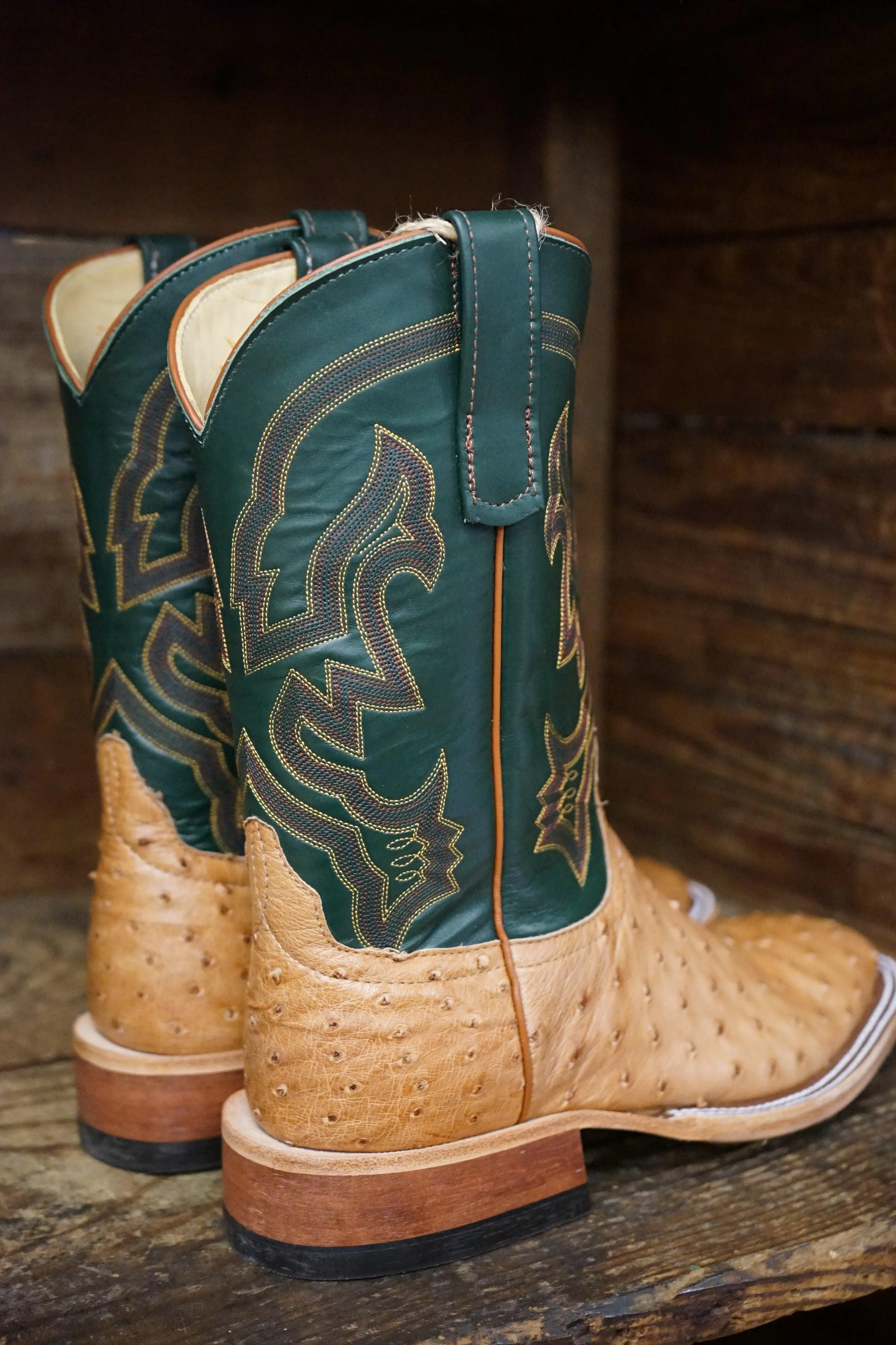 Anderson Bean Men's Cognac Ostrich & Green Glove Square Toe Cowboy Boots 324770