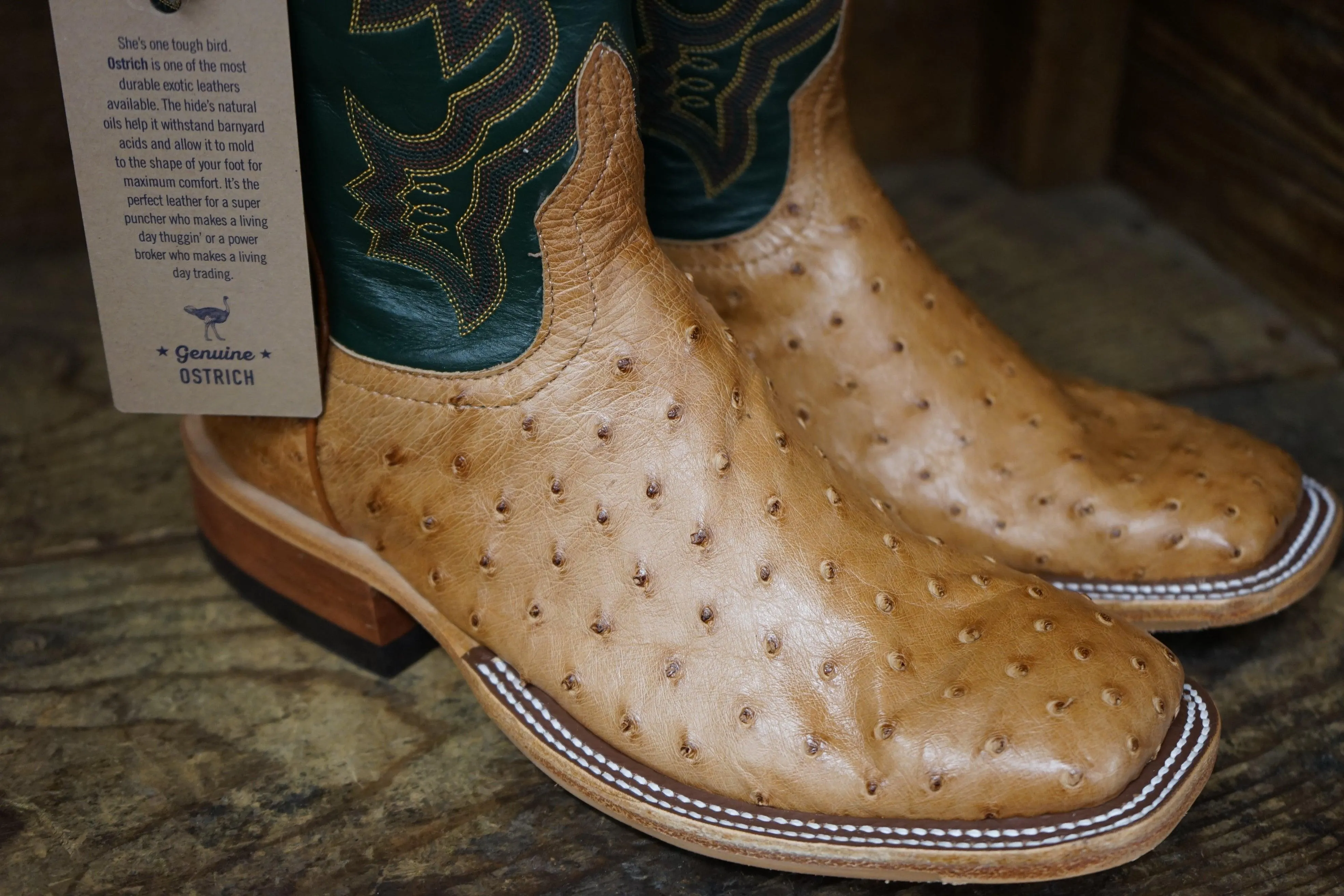 Anderson Bean Men's Cognac Ostrich & Green Glove Square Toe Cowboy Boots 324770