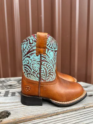 Ariat Lil' Stomper Toddler Roundup Brown Turquoise Embossed Print Western Cowboy Boot A441003502