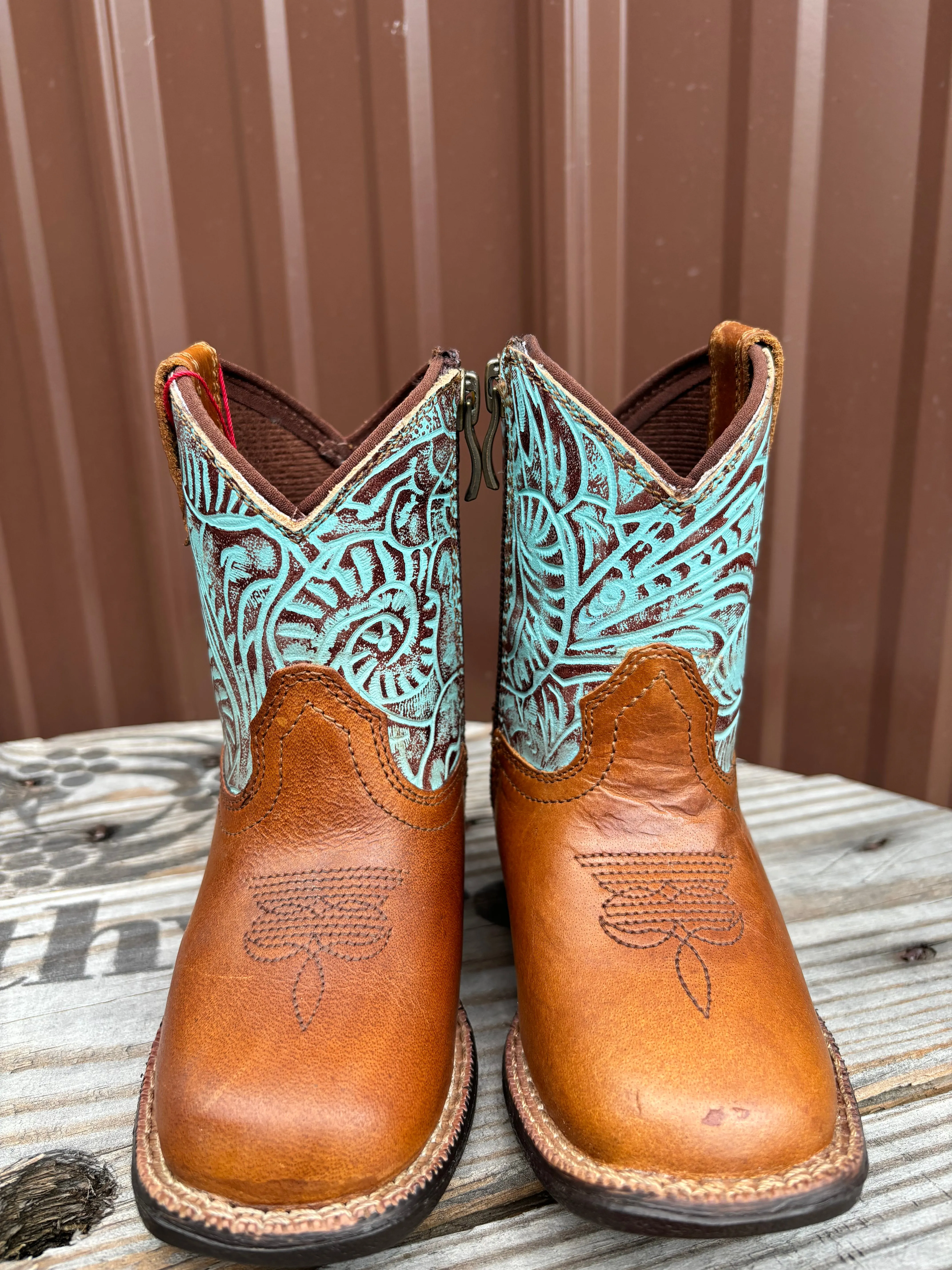 Ariat Lil' Stomper Toddler Roundup Brown Turquoise Embossed Print Western Cowboy Boot A441003502