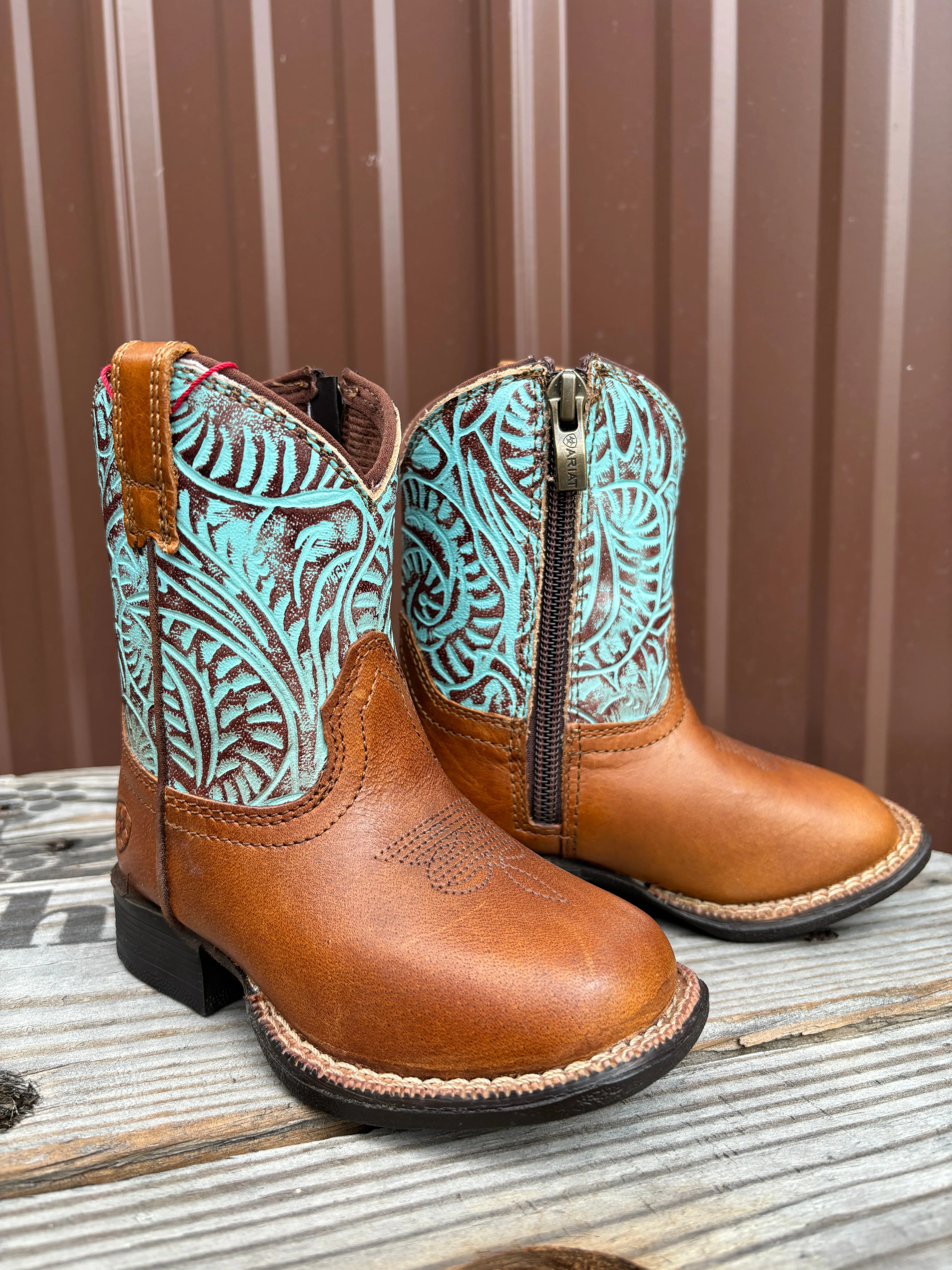 Ariat Lil' Stomper Toddler Roundup Brown Turquoise Embossed Print Western Cowboy Boot A441003502