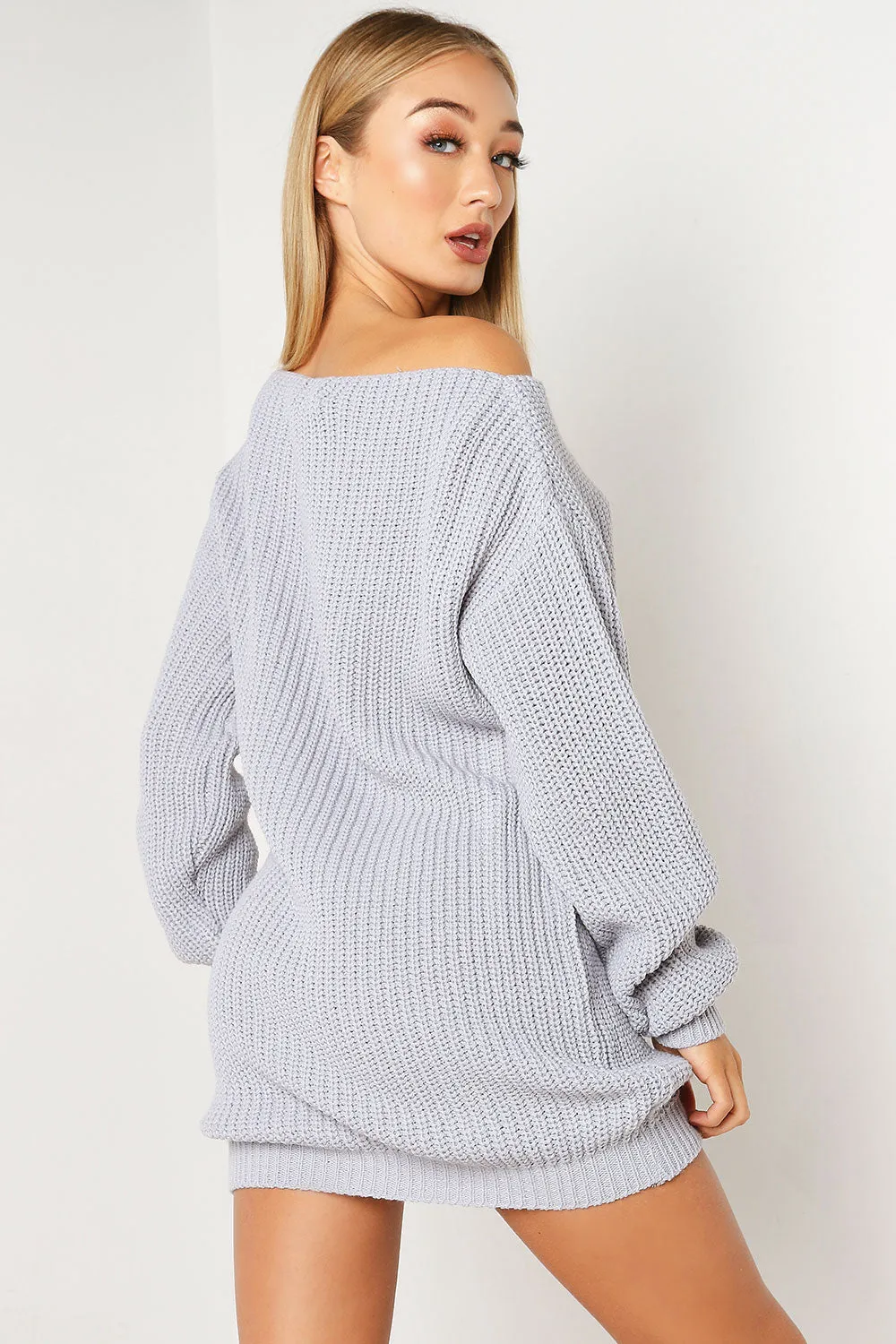 Ariel Grey Off The Shoulder Knit Jumper Dress