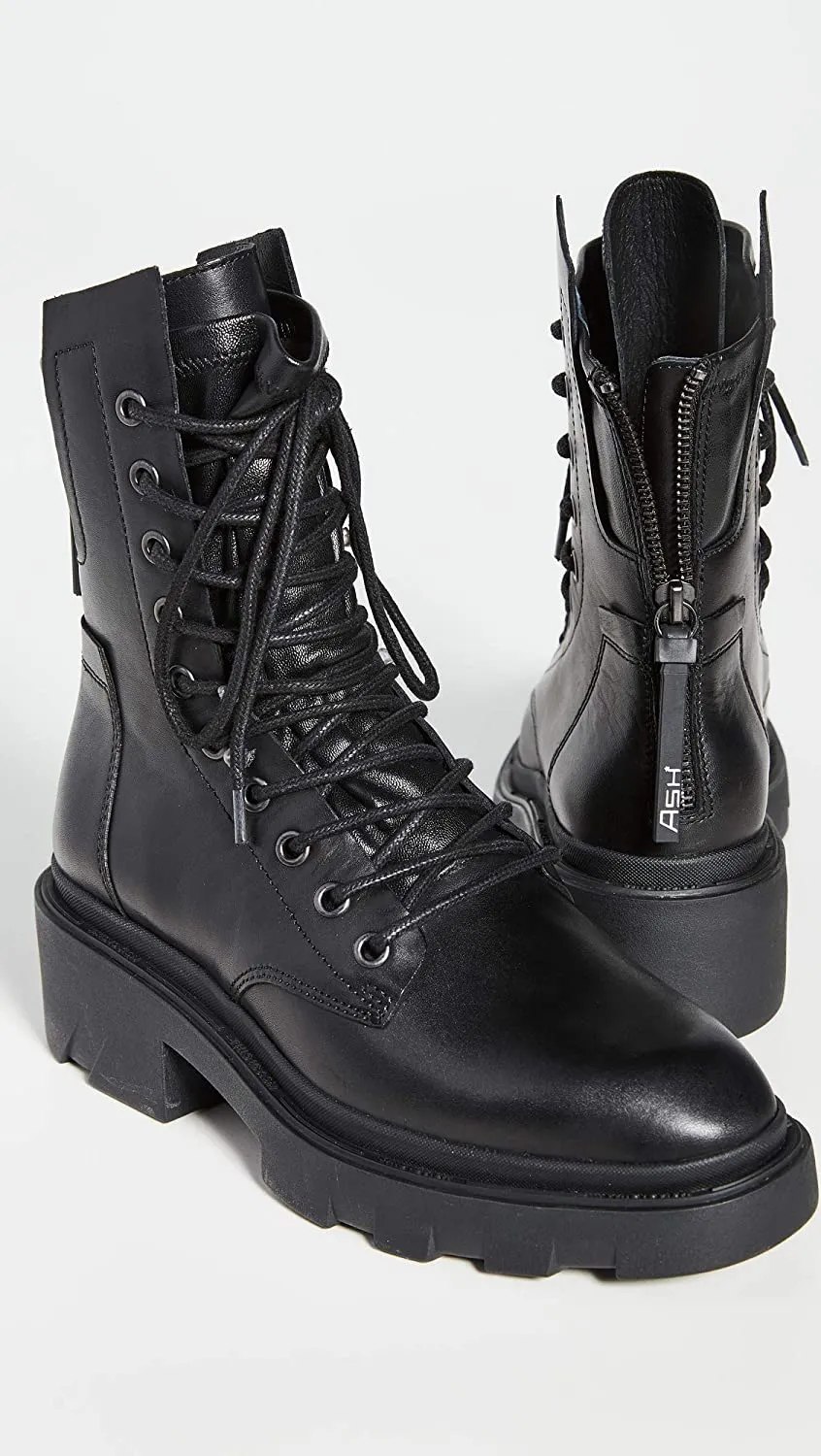 Ash Madness Black Lace Up Rounded Toe Chunky Rubber Sole Biker Zip Combat Boots