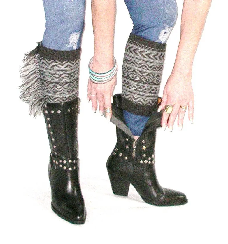 Aztec Boho Boot Cuffs With Fringe Gray And Charcoal Southwestern Cowgirl Leg Warmers