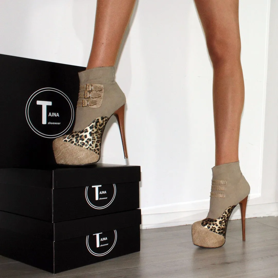 Beige Leopard High Heel Platform Ankle Boots