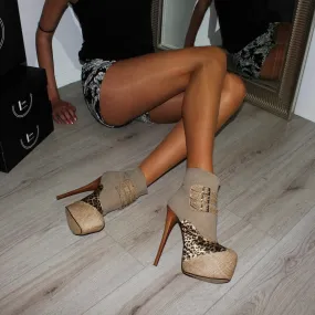 Beige Leopard High Heel Platform Ankle Boots