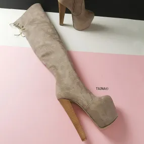 Beige Suede Chunky Heel Knee High Boots