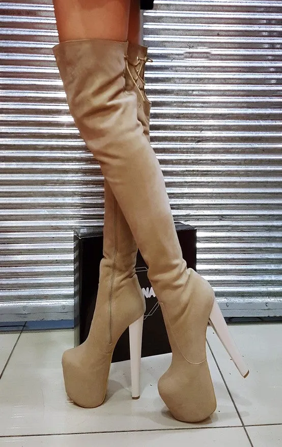 Beige Suede Knee High Boots