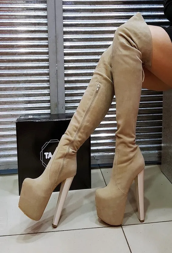 Beige Suede Knee High Boots