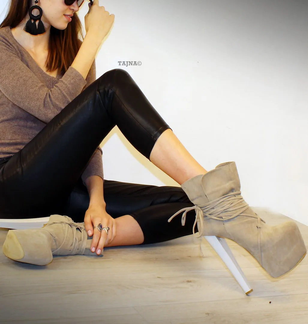 Beige Suede Lace Up High Heel Platform Ankle Boots