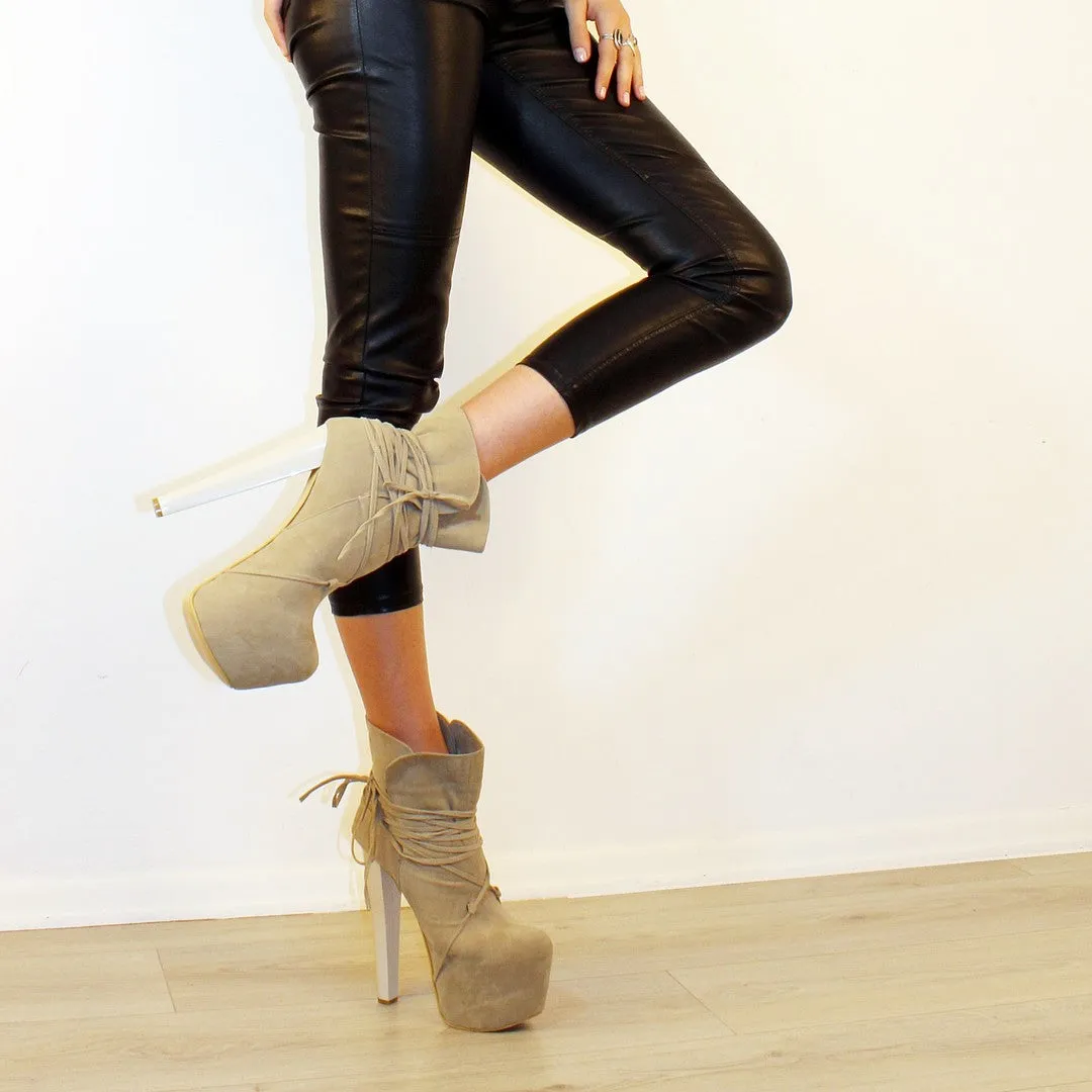 Beige Suede Lace Up High Heel Platform Ankle Boots