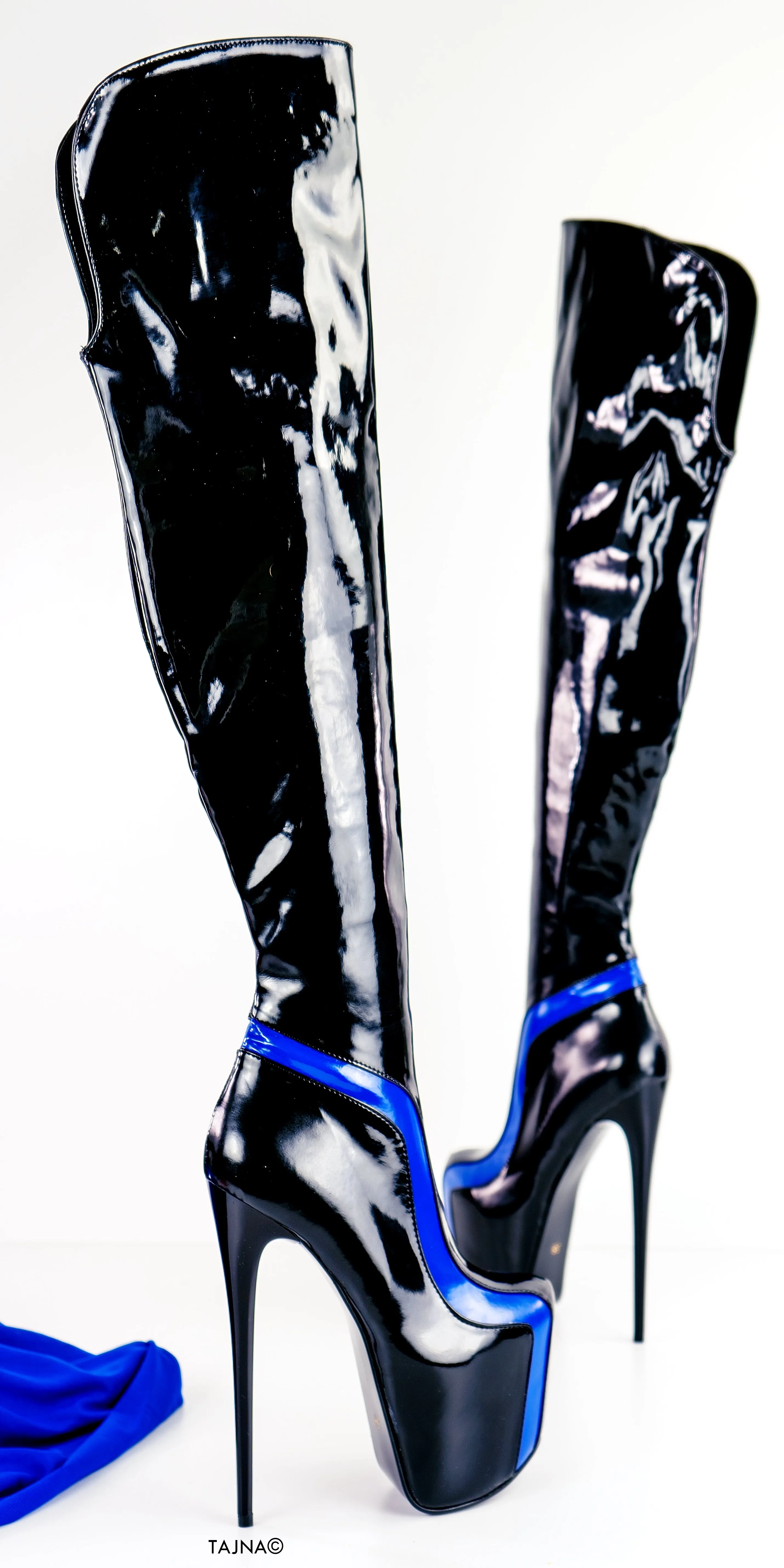 Black Blue Detail Knee Patent High Boots