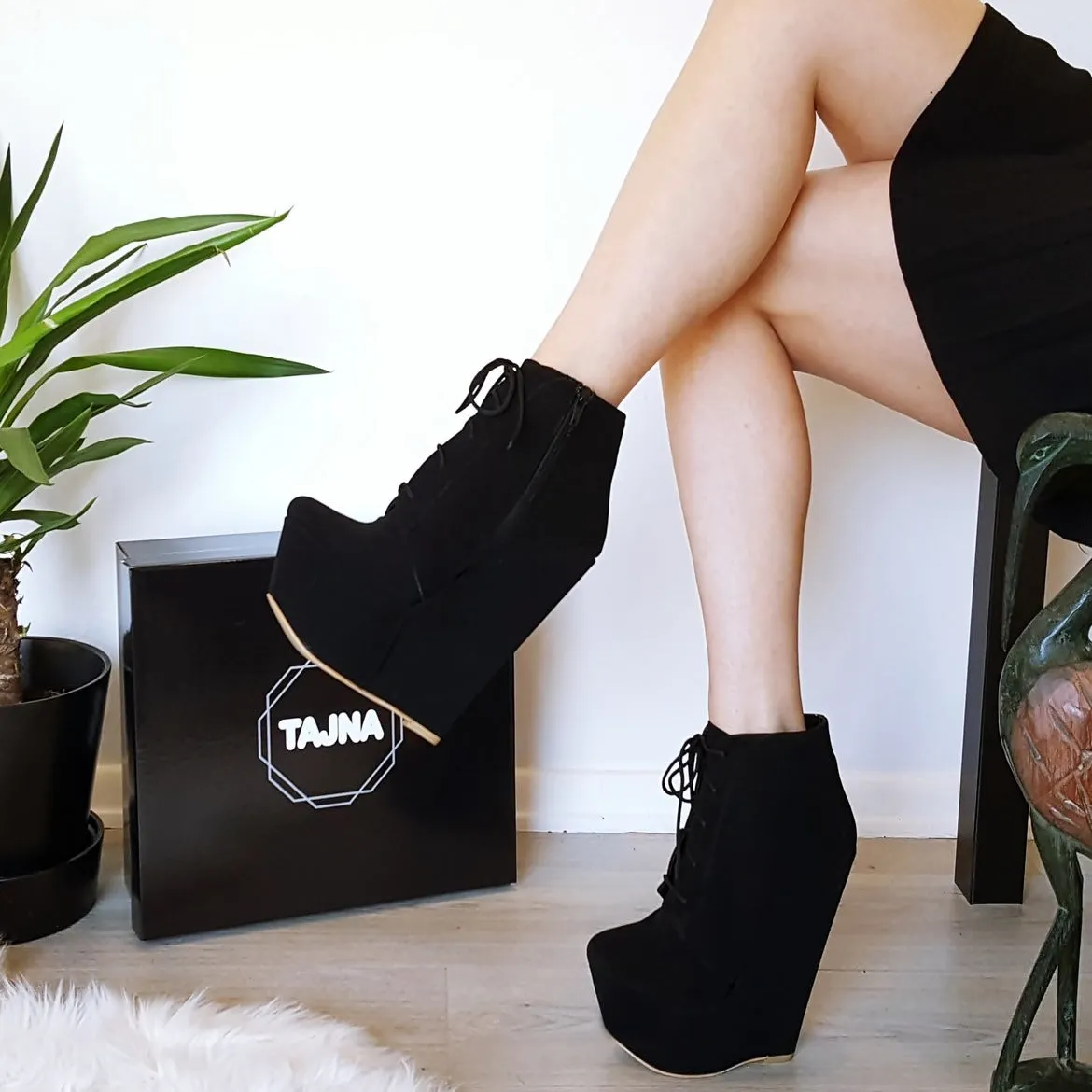 Black Faux Suede Lace Up Wedge Ankle Booties