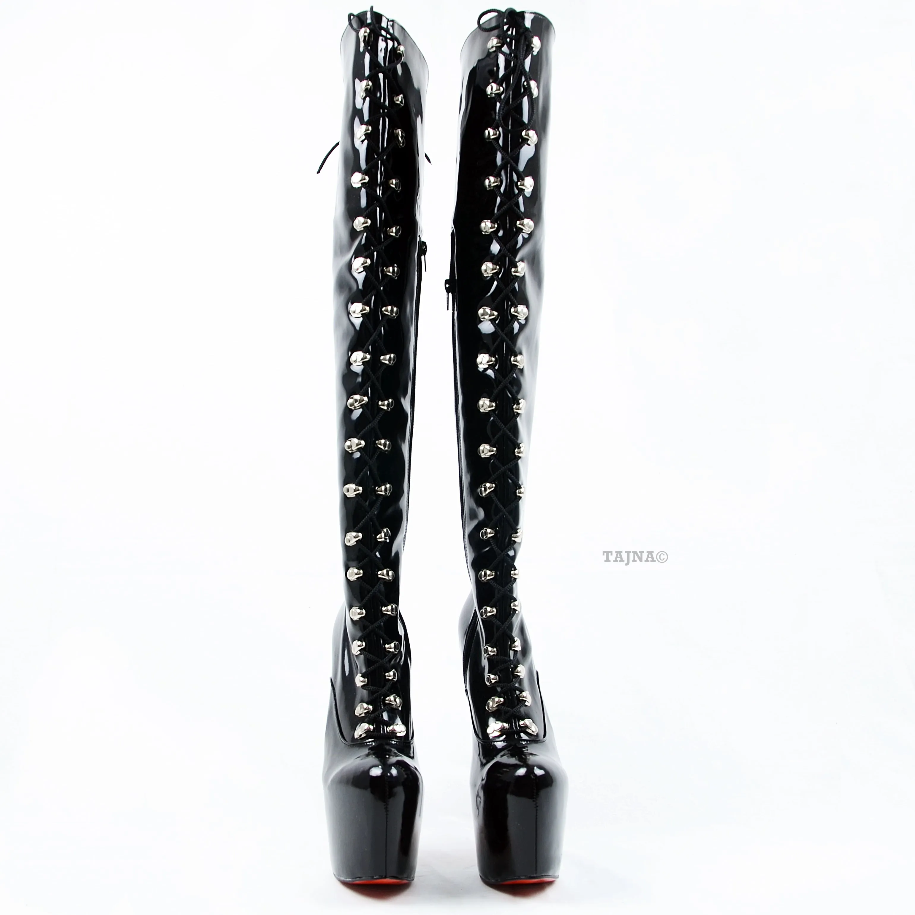 Black Gloss Lace Up Military Style Heel Boots