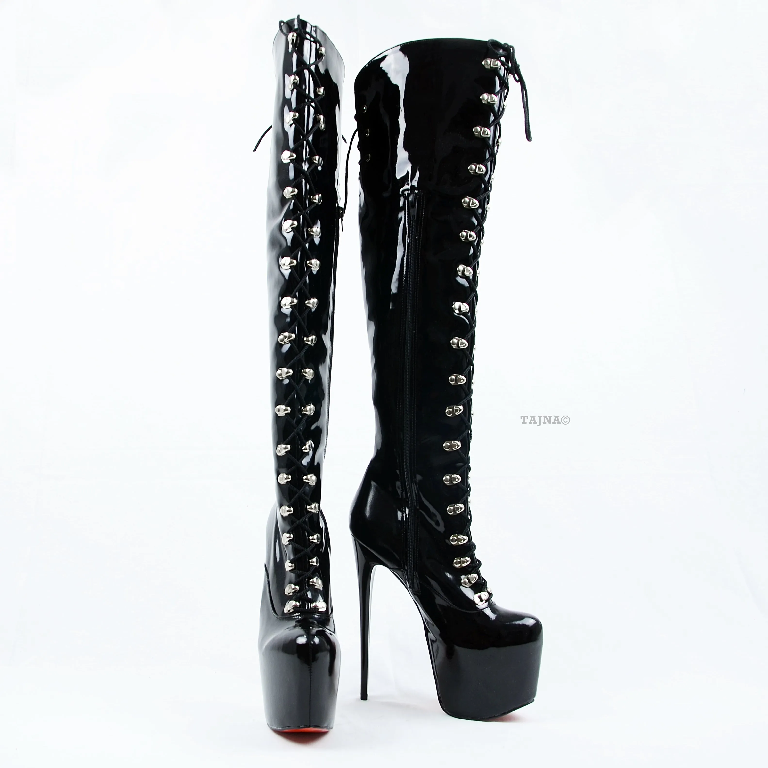 Black Gloss Lace Up Military Style Heel Boots