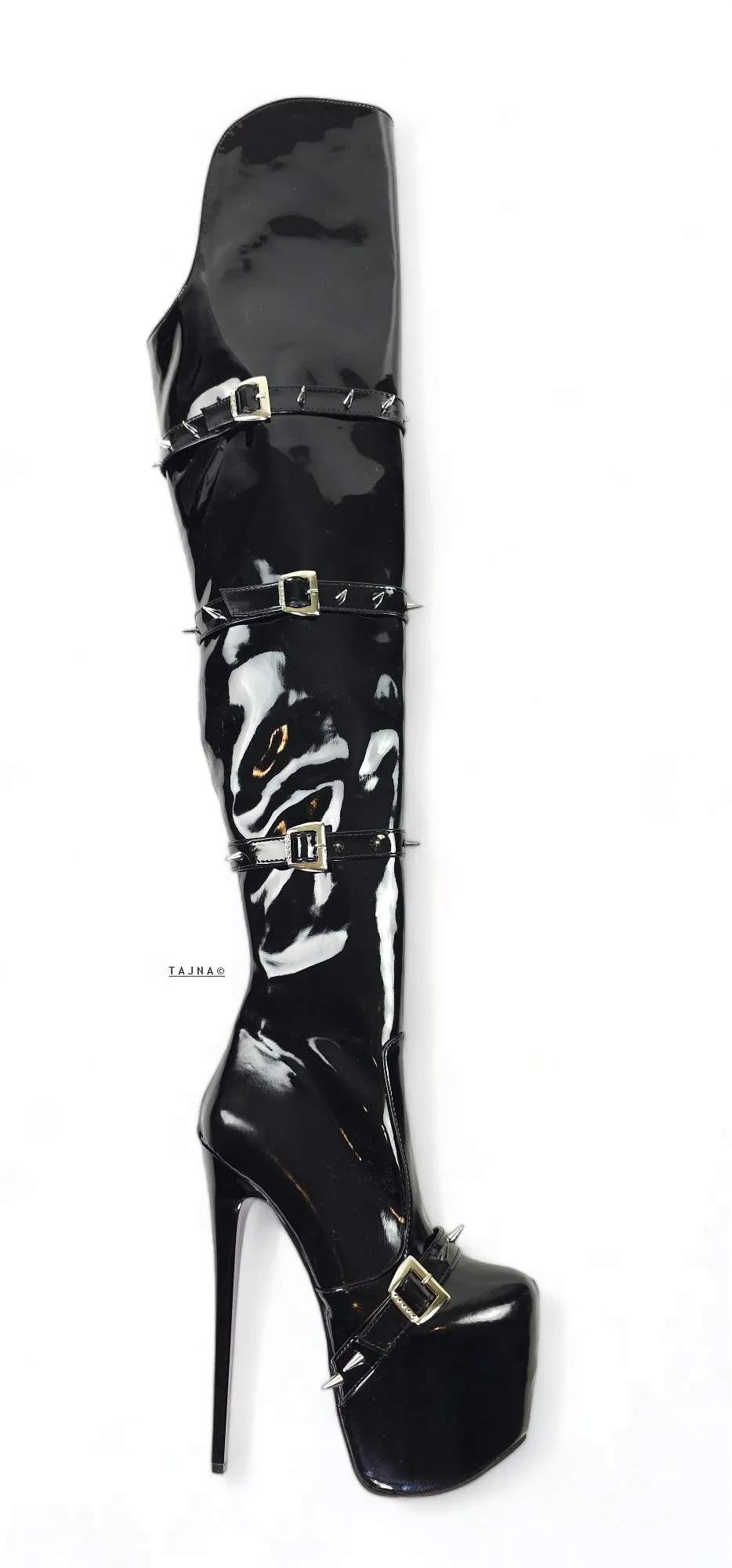 Black Gloss Spike Belted Thigh High Platform Boots