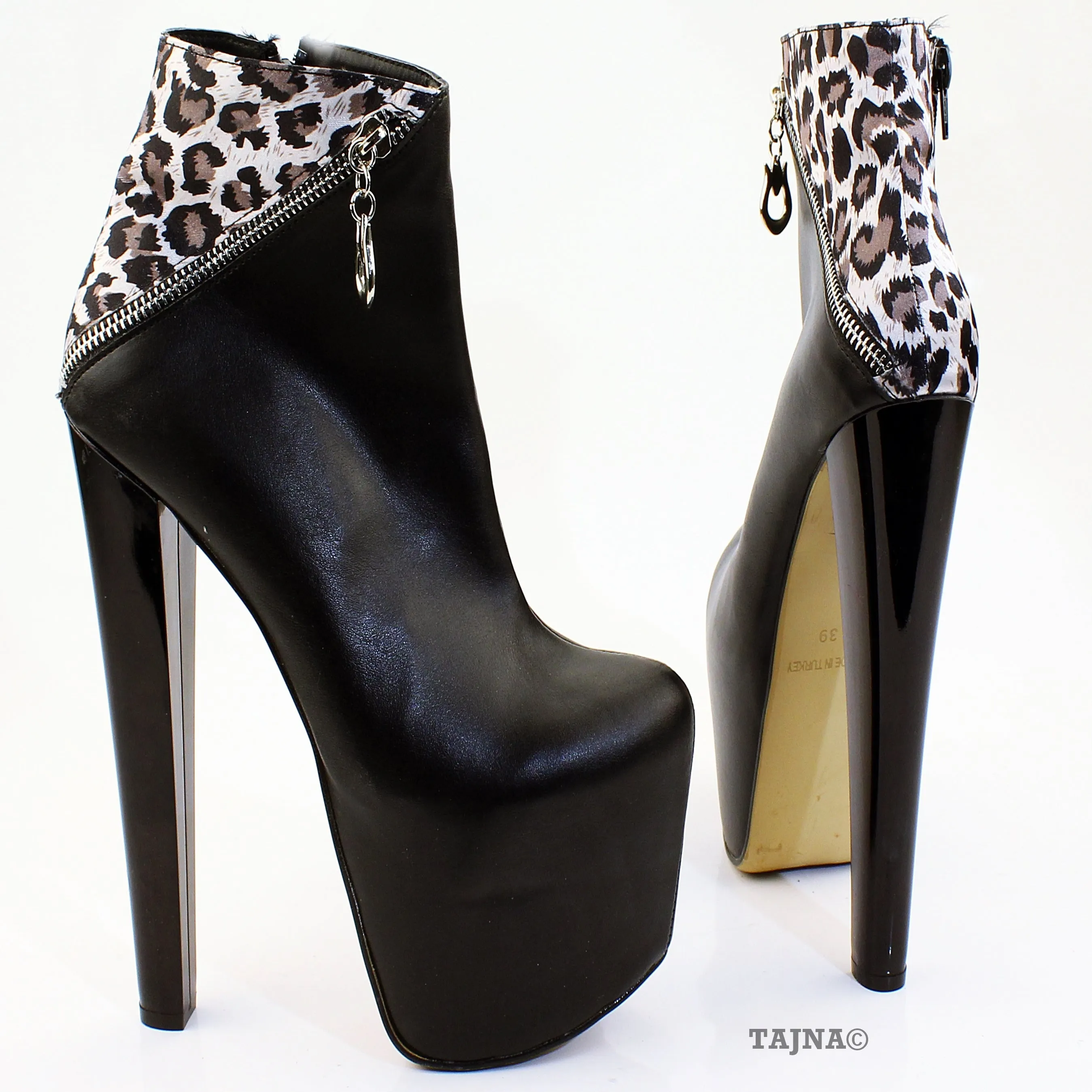 Black Leopard Zipper Detail Platform Boots