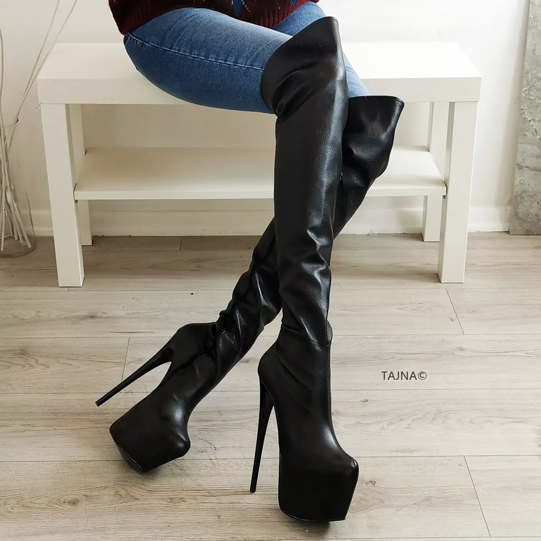 Black Matte Half Strech Knee High Boots