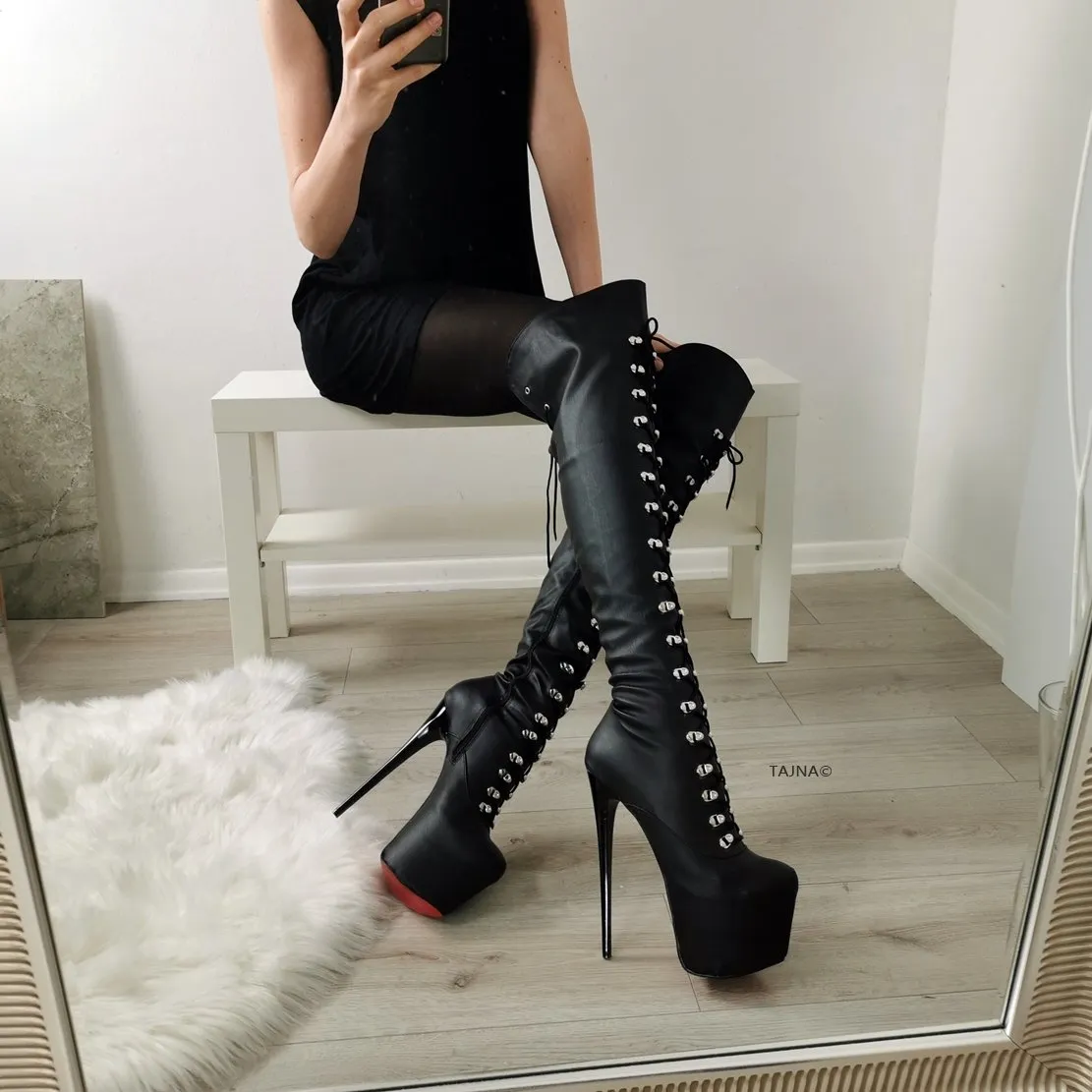 Black Matte Military Lace Up Over Knee Boots