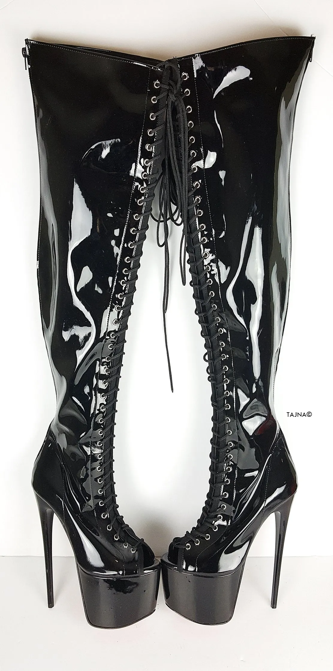 Black Patent Gladiator Lace Up Thigh High Boots