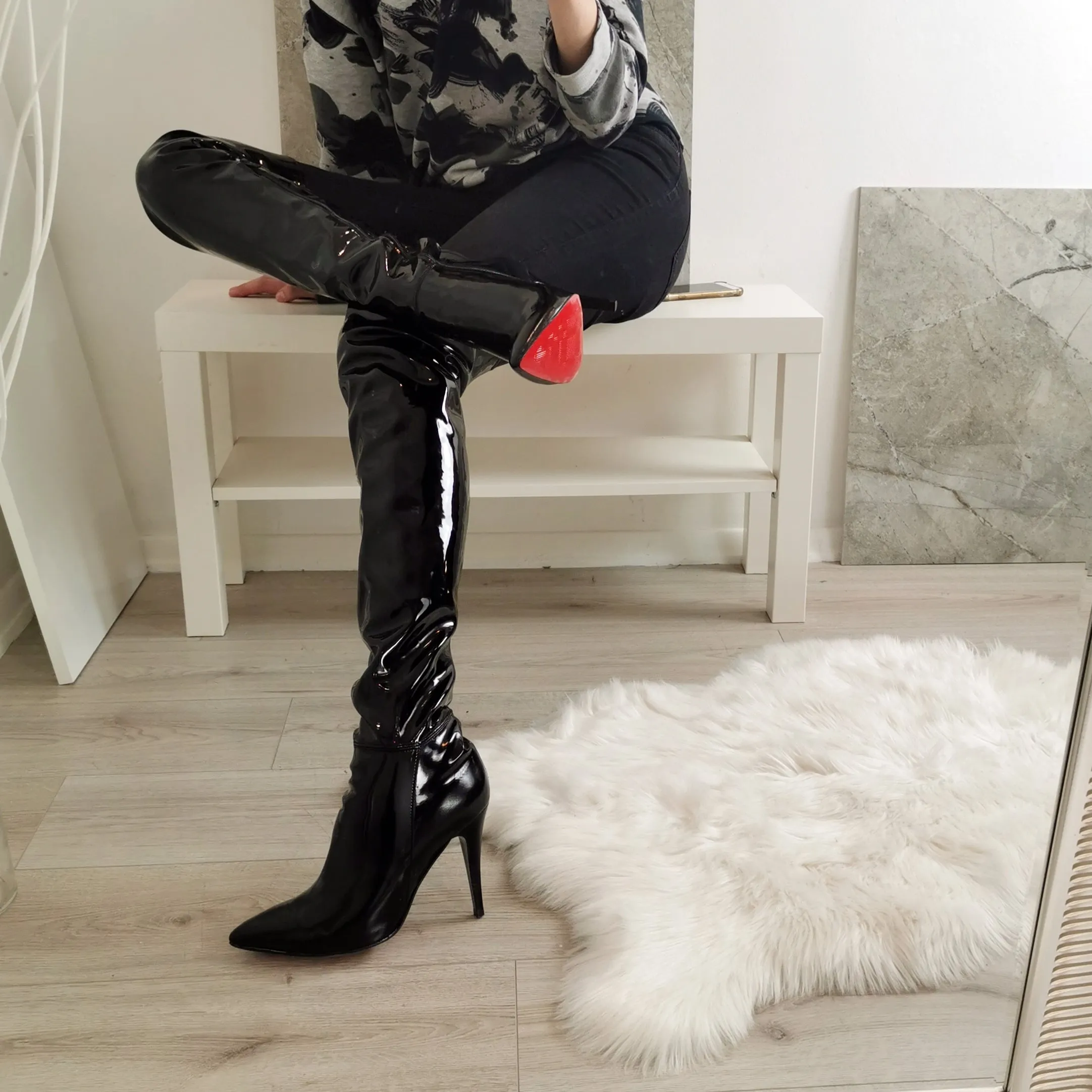 Black Patent Knee High Long Boots