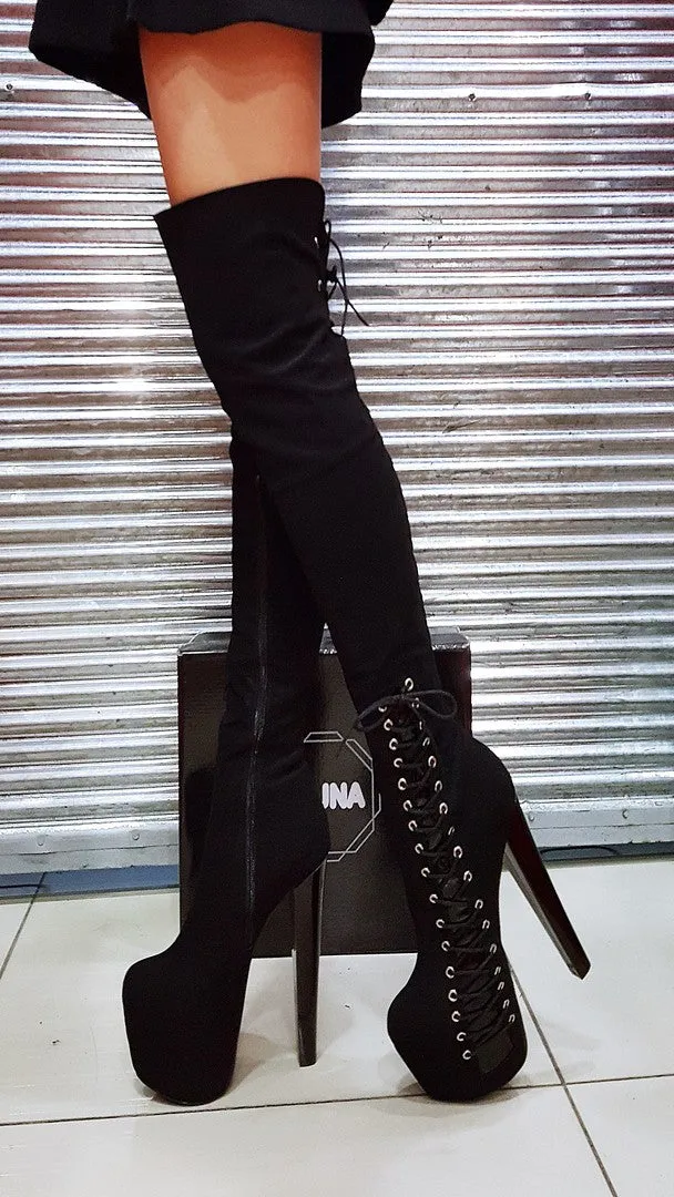 Black Suede Knee High Platform Boots