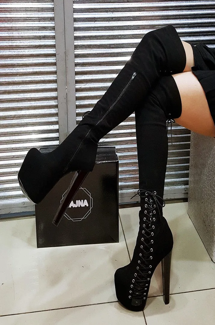 Black Suede Knee High Platform Boots