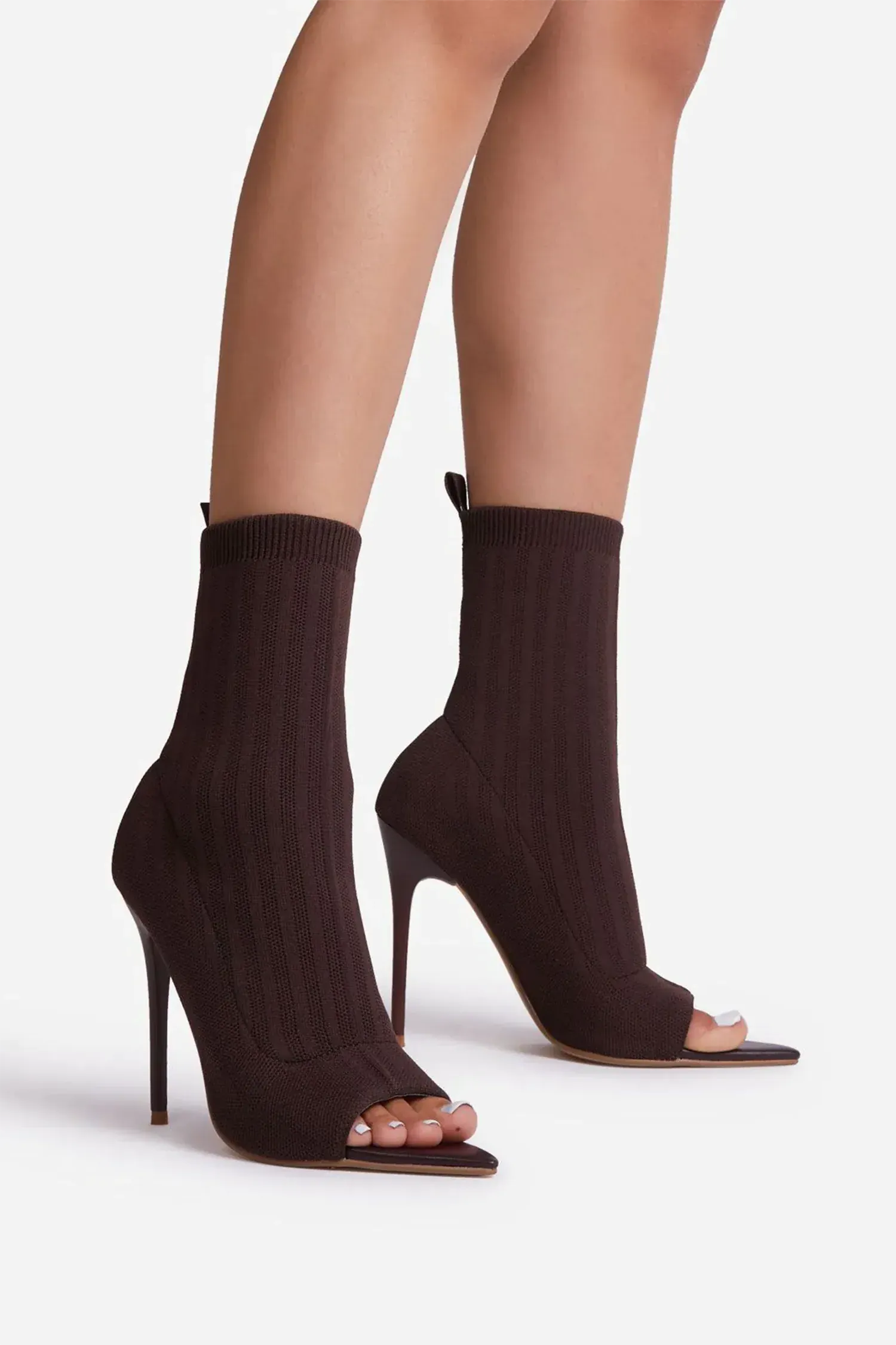 Brown Pointed Peep Toe Stiletto Heels Ankle Sock Boots