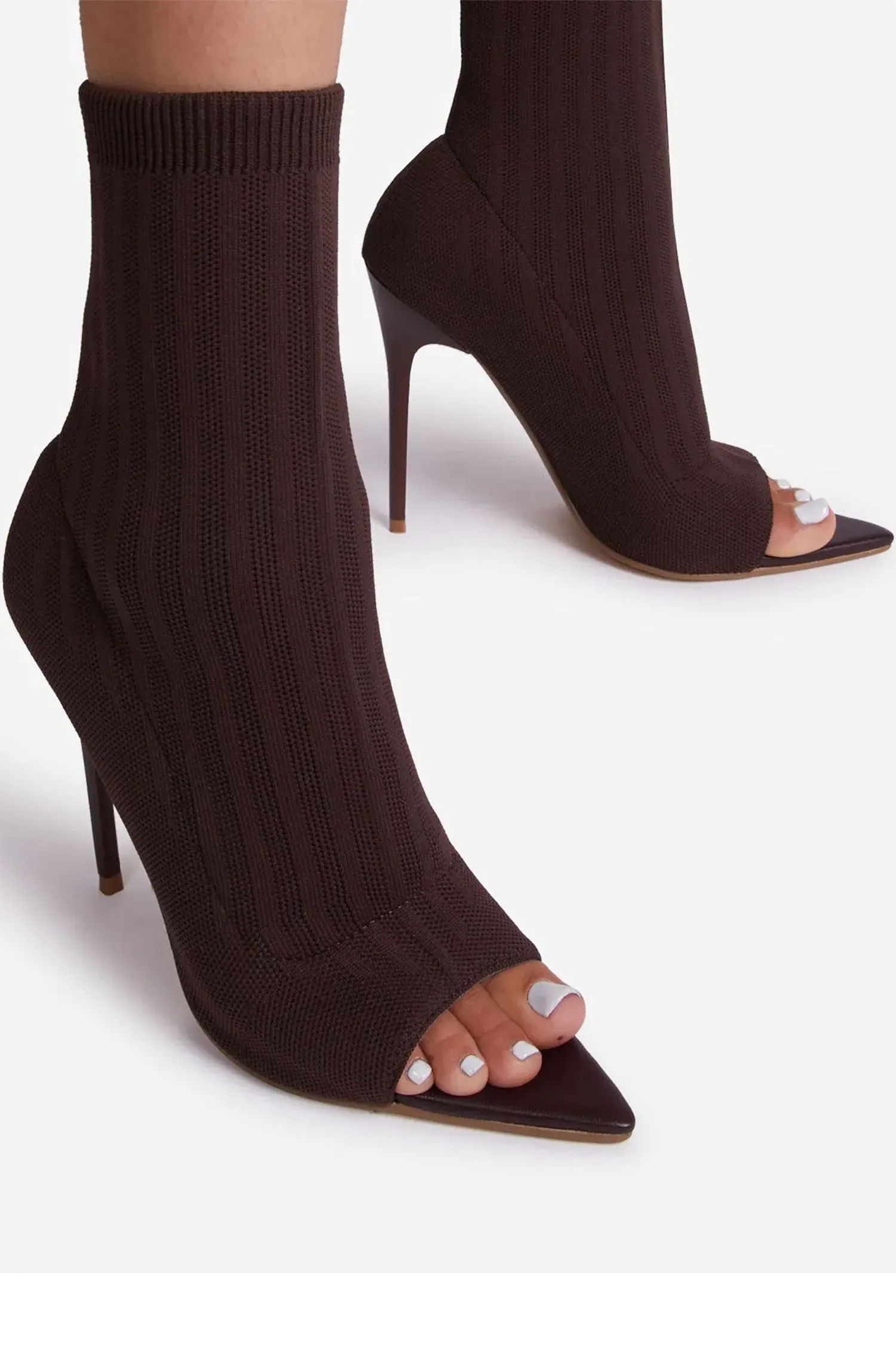 Brown Pointed Peep Toe Stiletto Heels Ankle Sock Boots