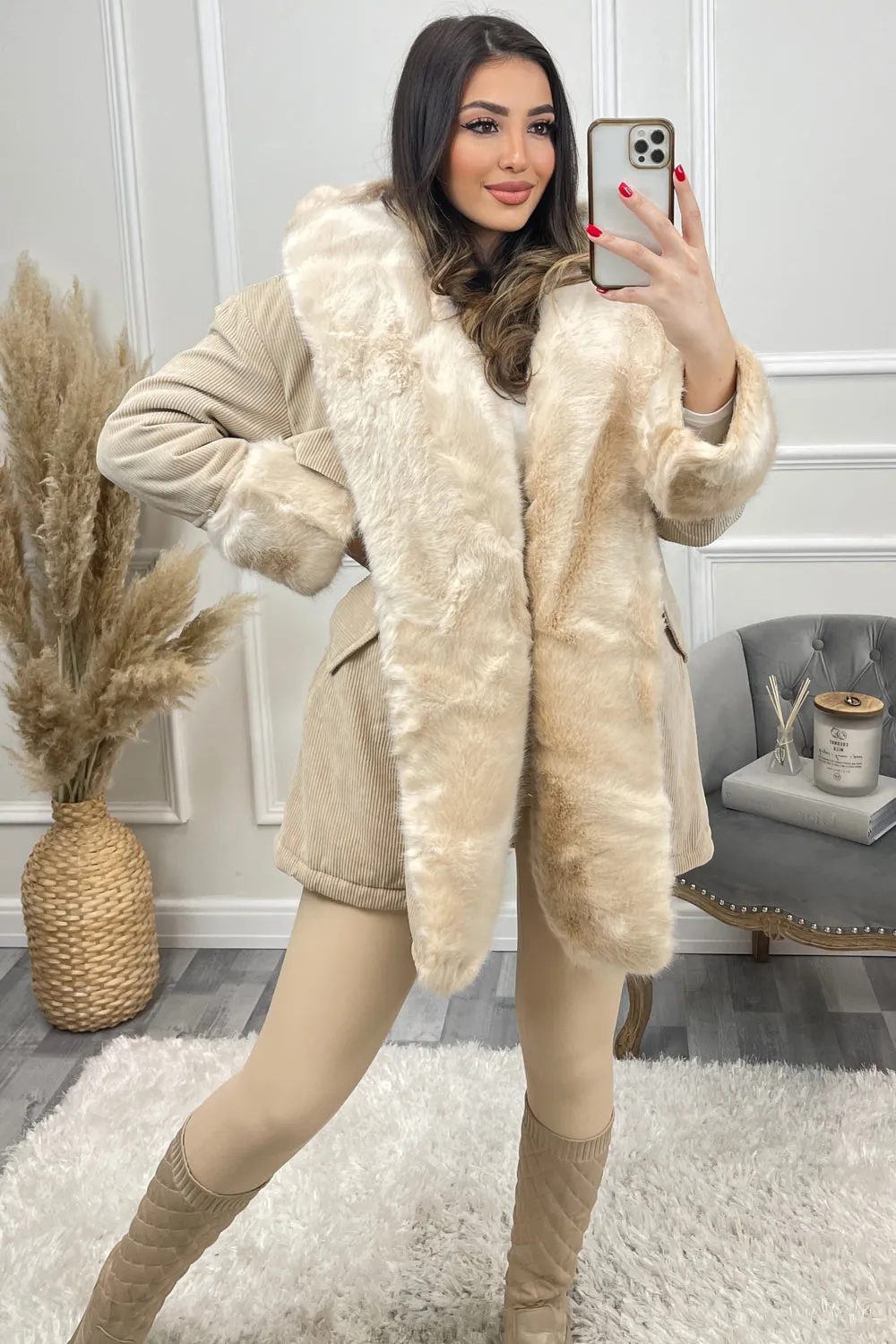 Cacia Cream Cord Ribbed Faux Fur Trim Coat