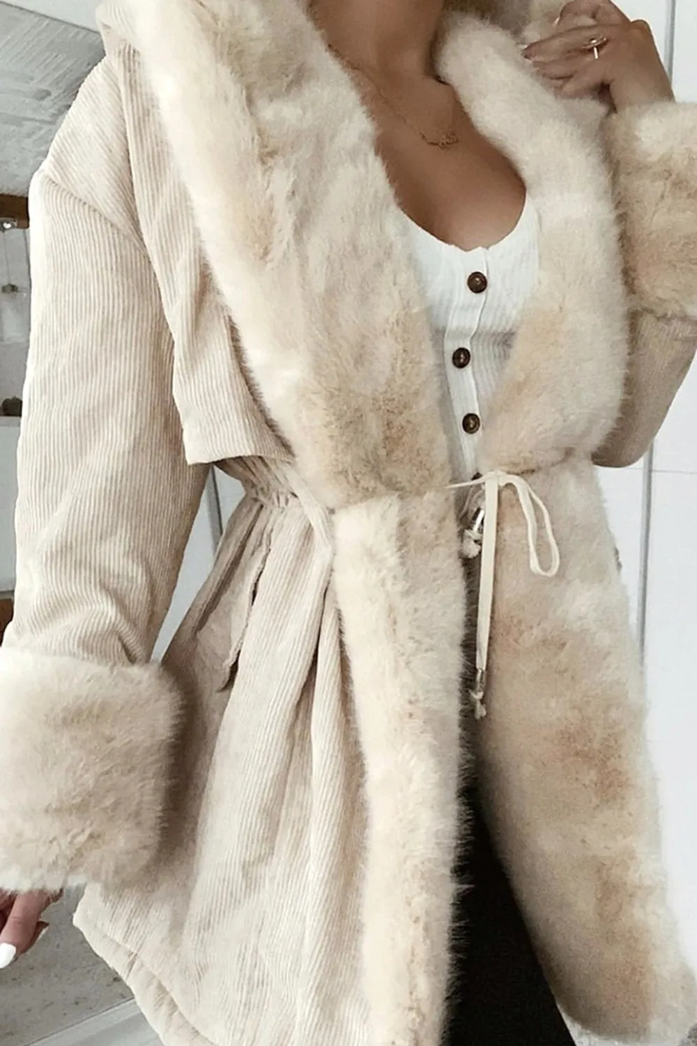 Cacia Cream Cord Ribbed Faux Fur Trim Coat