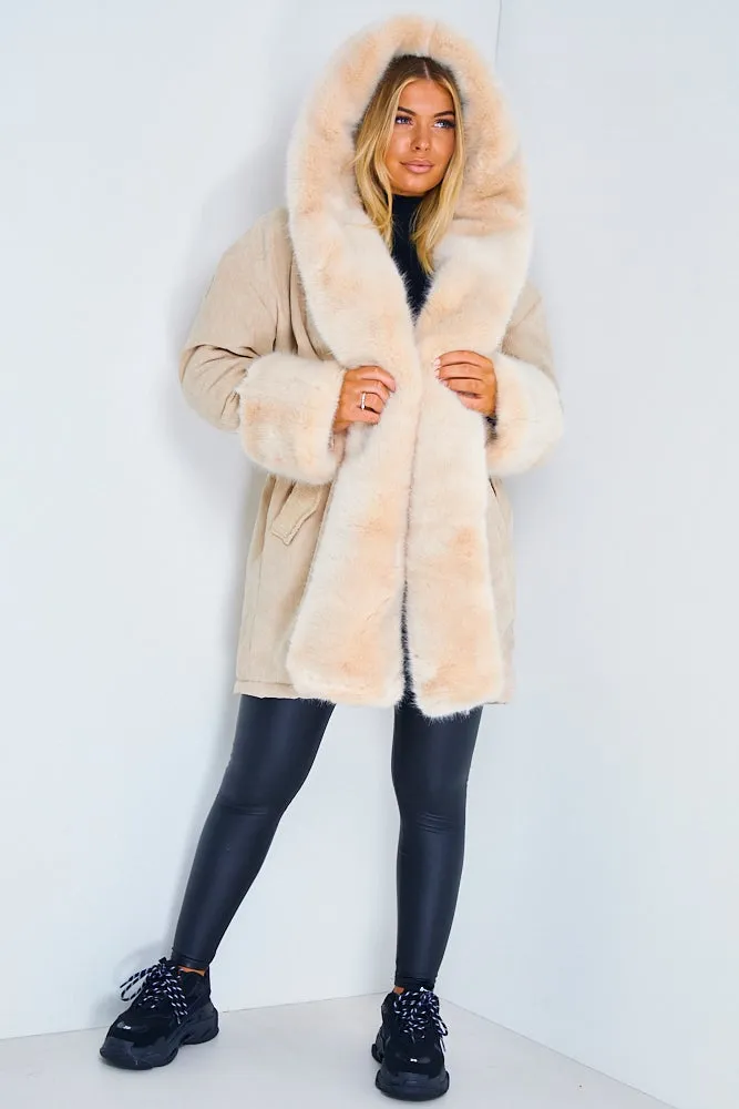 Cacia Cream Cord Ribbed Faux Fur Trim Coat