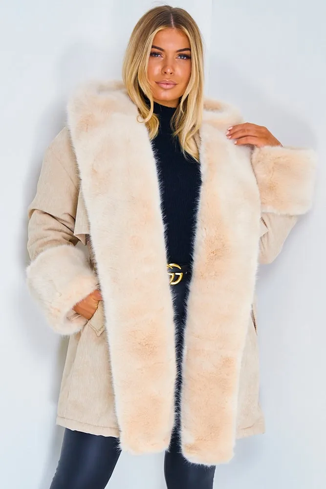 Cacia Cream Cord Ribbed Faux Fur Trim Coat