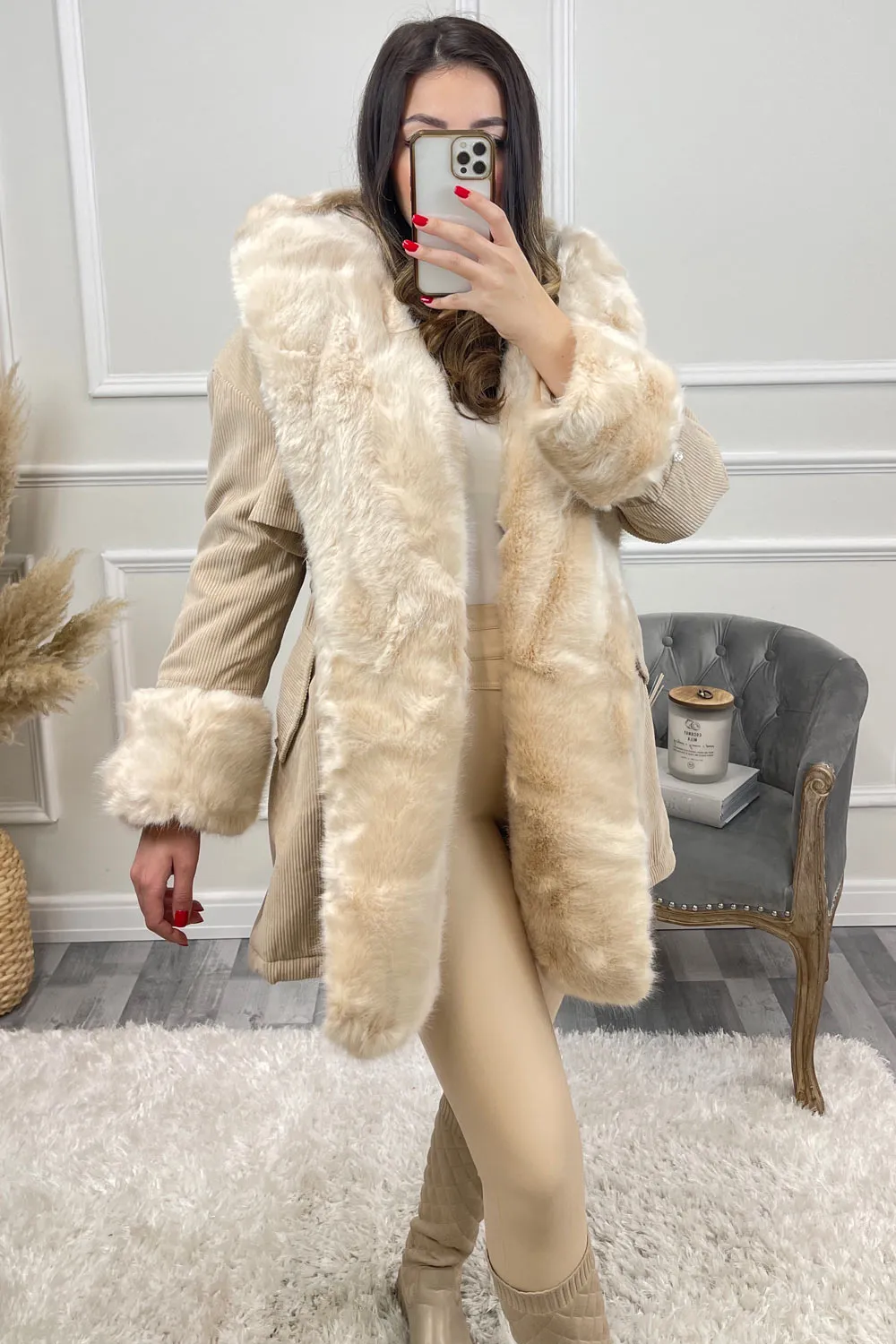 Cacia Cream Cord Ribbed Faux Fur Trim Coat