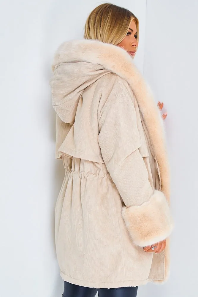 Cacia Cream Cord Ribbed Faux Fur Trim Coat