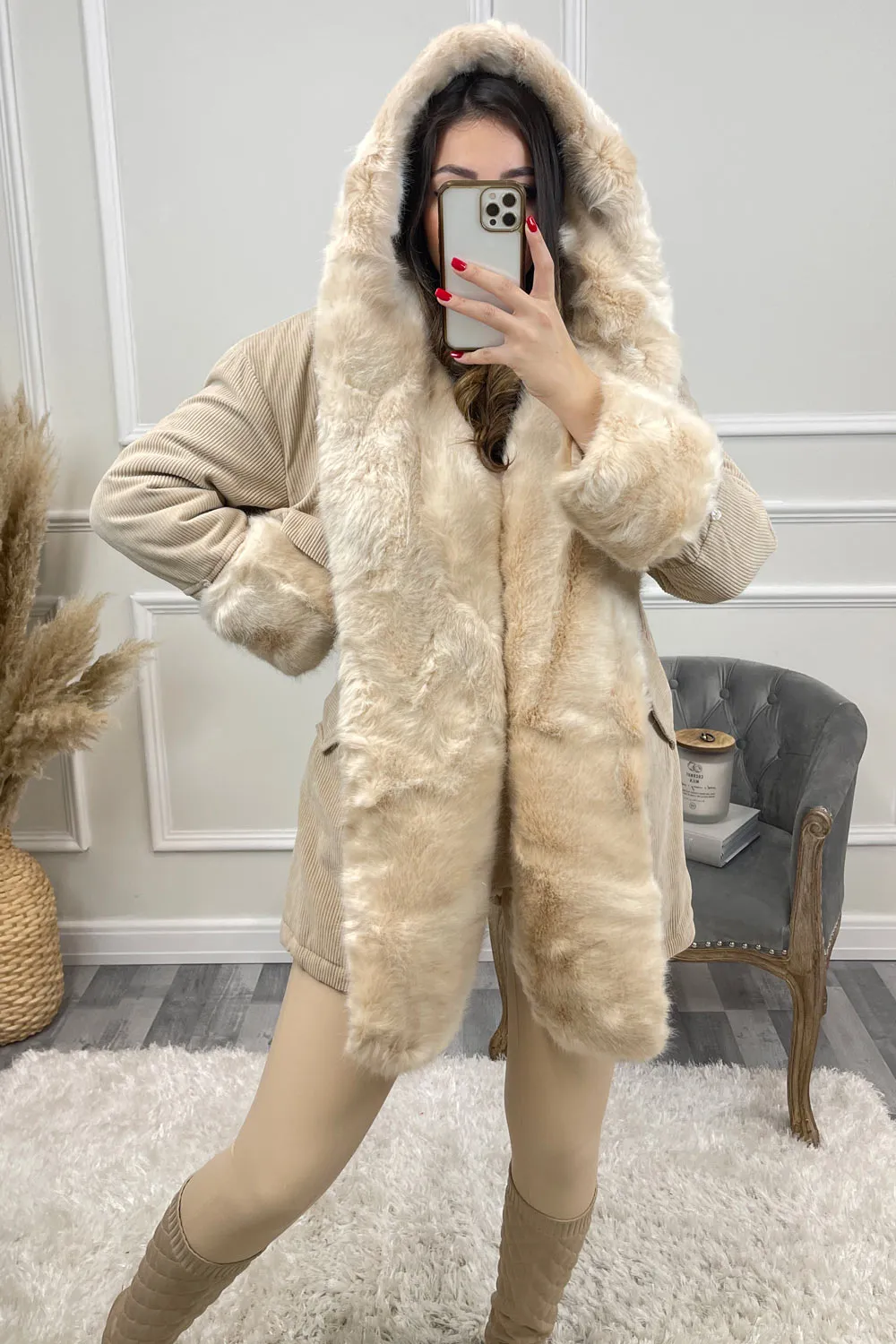 Cacia Cream Cord Ribbed Faux Fur Trim Coat