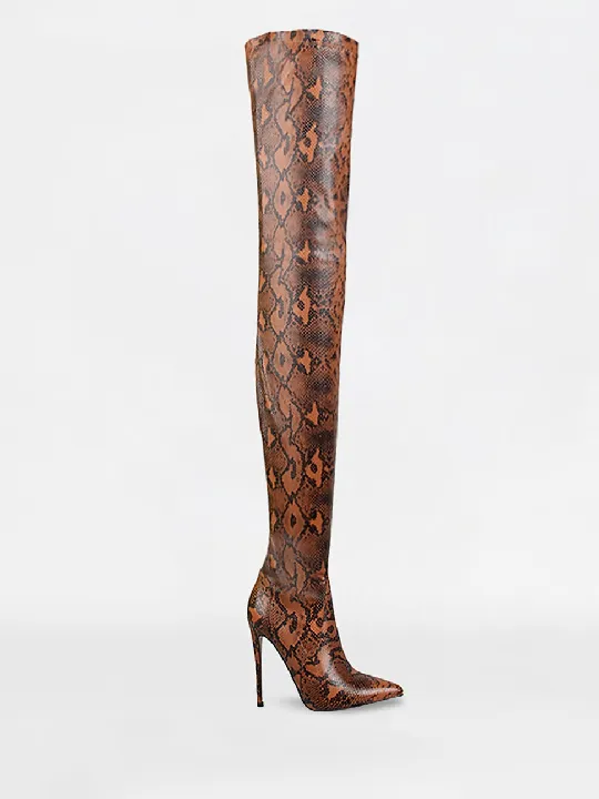 Camel Python Lycra Stiletto Thigh High Boots