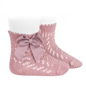 Condor Cotton Openwork Ankle Socks With Bow Pale Pink